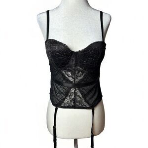 Womens Bustier Corset Lingerie Black Gold Lace Sheer SZ S